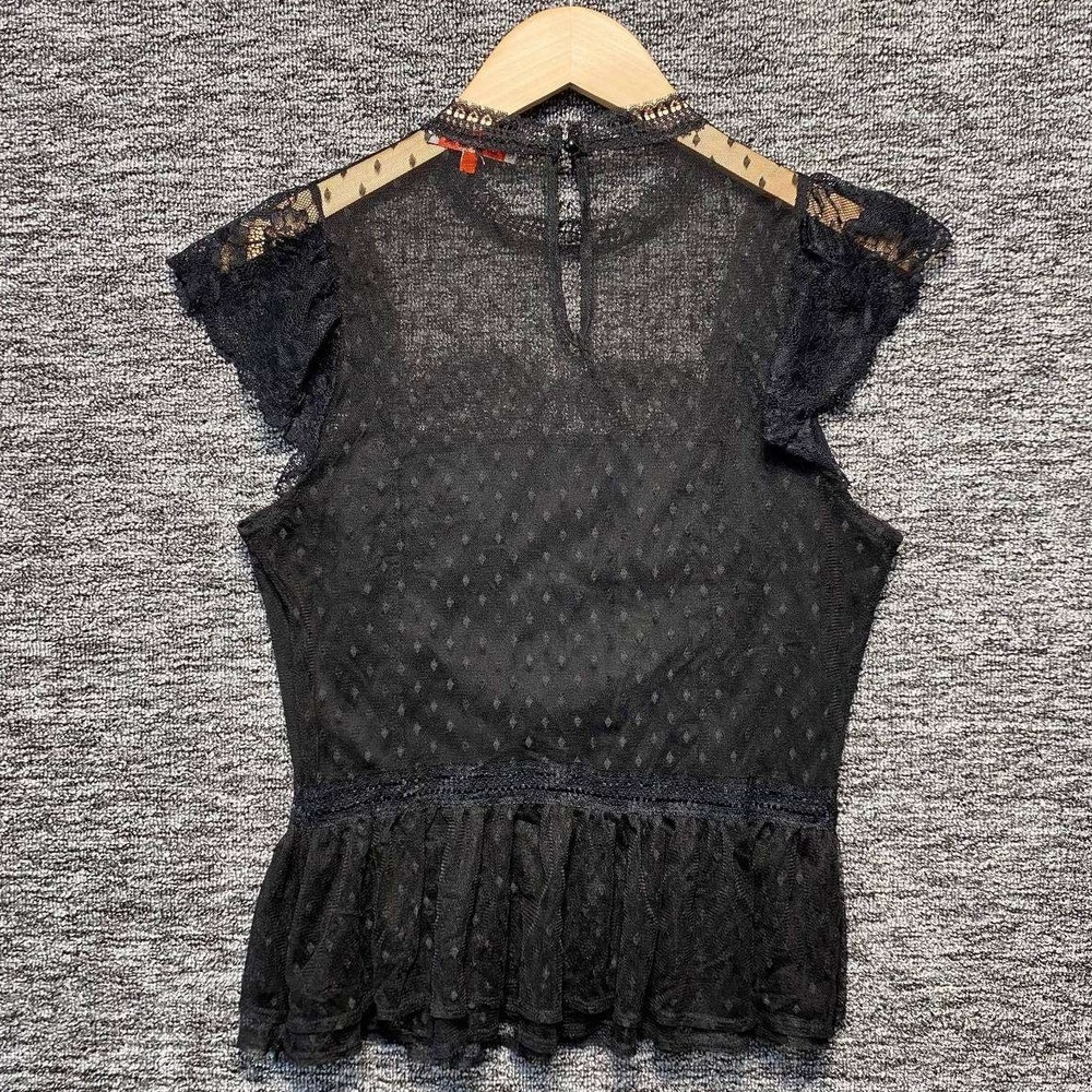 Mele E Pere Lace Peplum Top Womens Medium Black Sheer Mesh Ruffle Romantic Goth - Picture 2 of 8